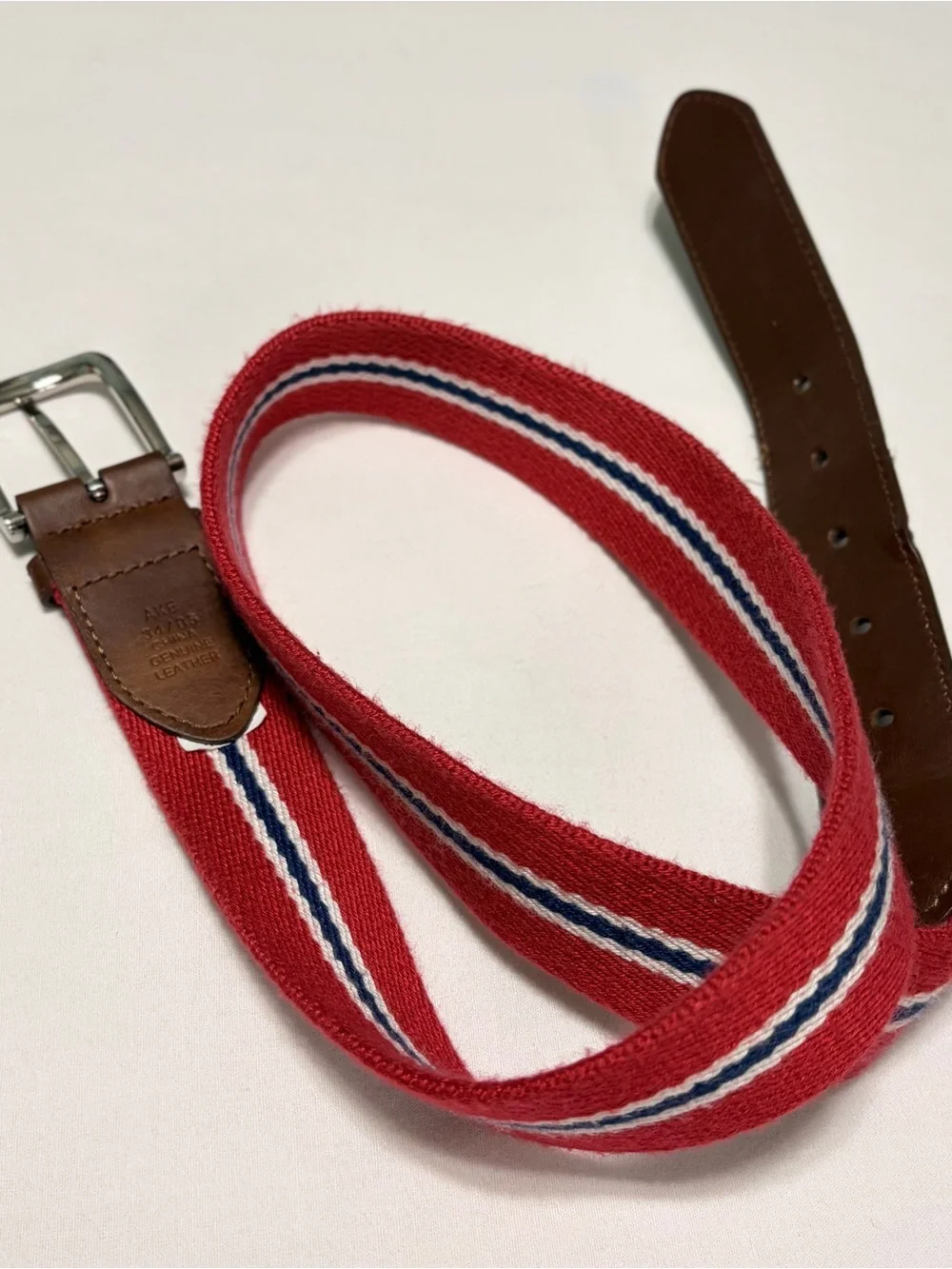Nautica Red Striped Woven Men's Belt‎ with Brown Leather Trim 34/85